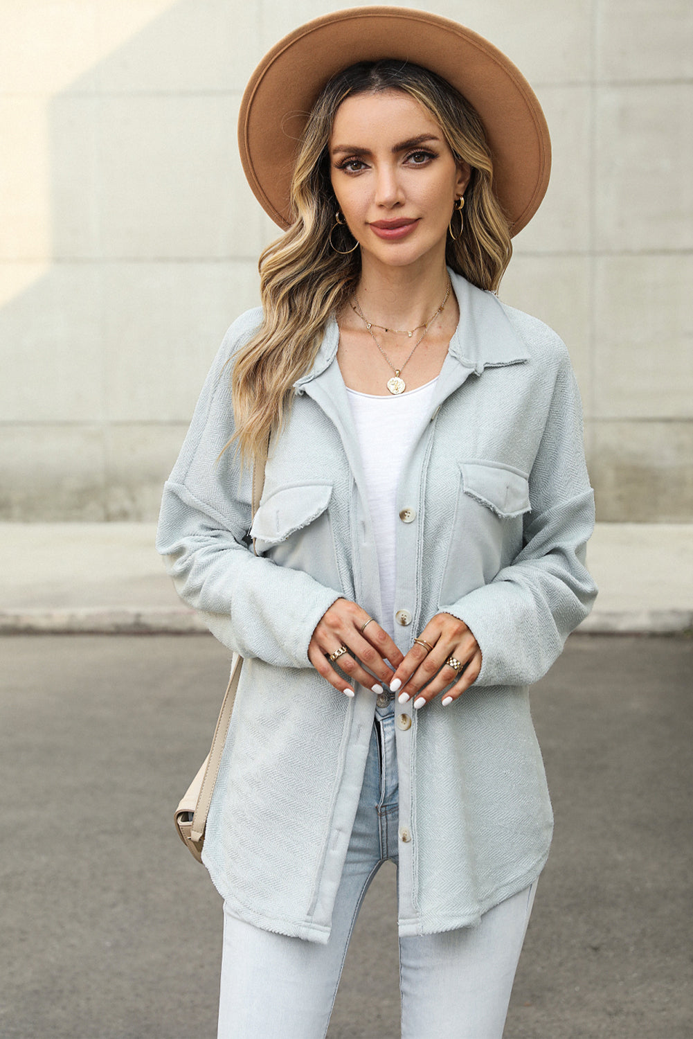 Grey Solid Color Textured Button Up Shirt Shacket with Pockets