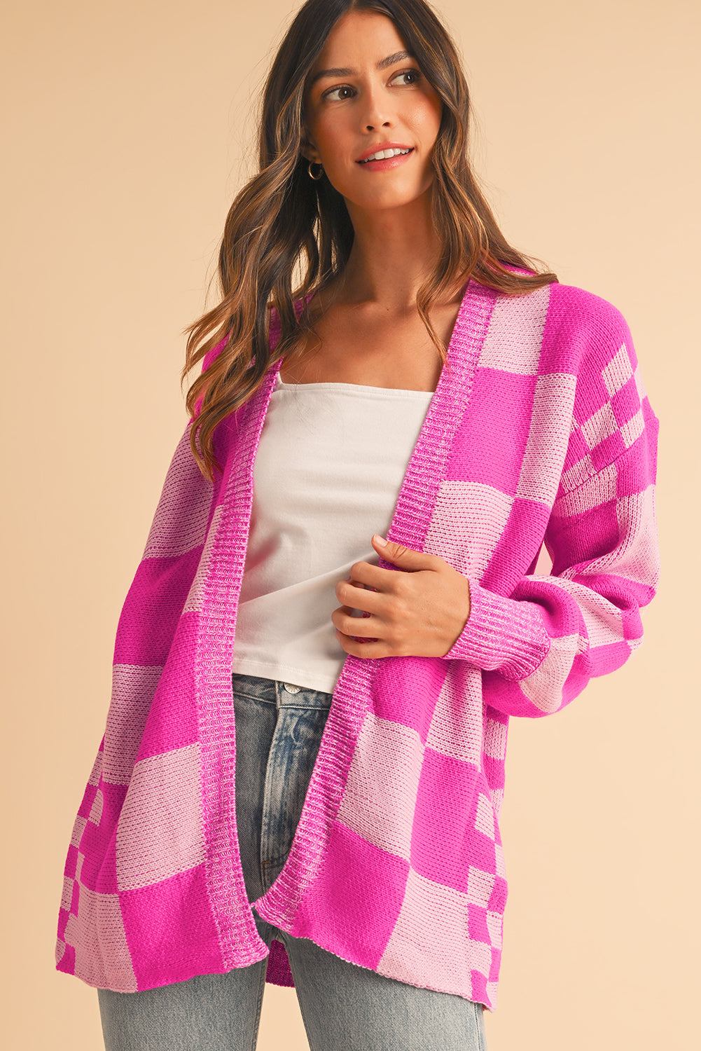 Rose Red Checkered Printed Ribbed Trim Open Front Cardigan