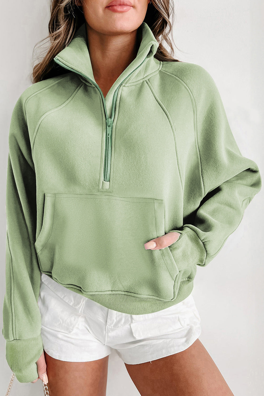 Parchment Quarter Zip Stand Neck Kangaroo Pocket Sweatshirt