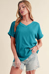 Bright Pink Basic Plain Textured V Neck T Shirt