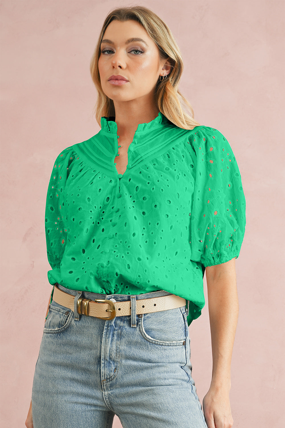 Bonbon Hollow-out Flower Embroidered Short Puff Sleeve Blouse