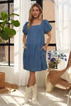 ADORA Square Neck Puff Sleeve Denim Dress