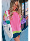 Pink Colorblock Patchwork Oversized Sweatshirt