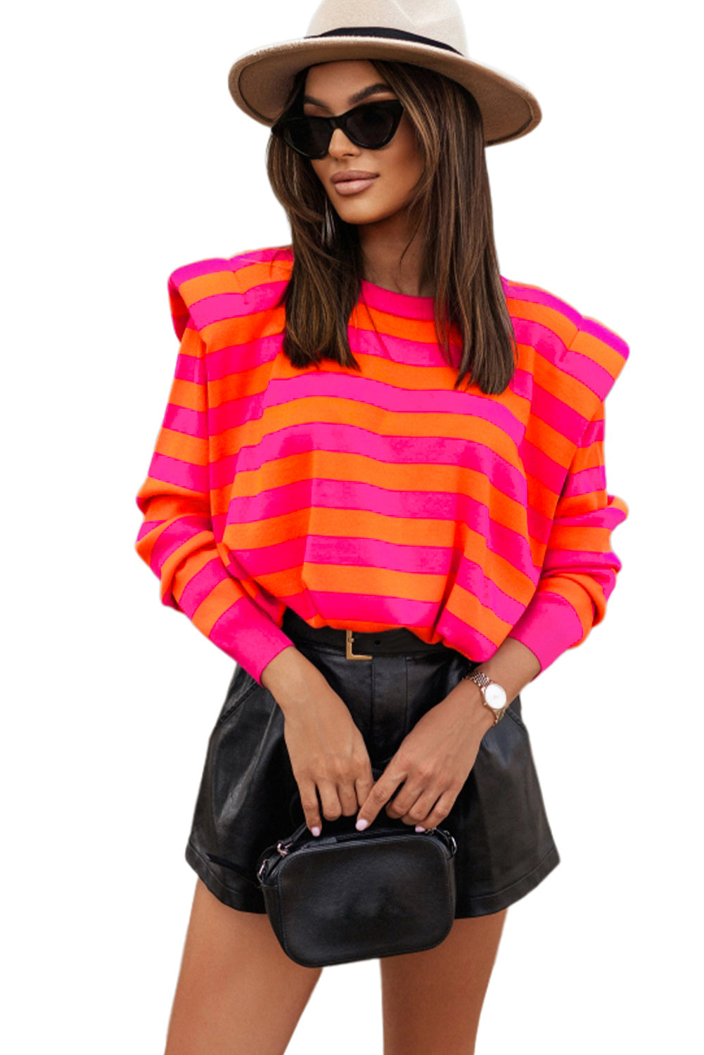 Rose Stripe Shoulder Pad Round Neck Sweater