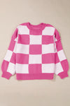 Rose Checkered Bishop Sleeve Pullover Sweater