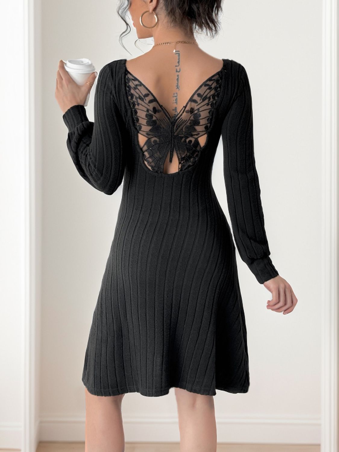 Perfee Butterfly Square Neck Long Sleeve Dress