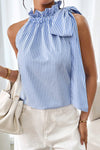 Sky Blue Striped Frill Neck Tie Knot Sleeveless Top