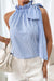 Sky Blue Striped Frill Neck Tie Knot Sleeveless Top