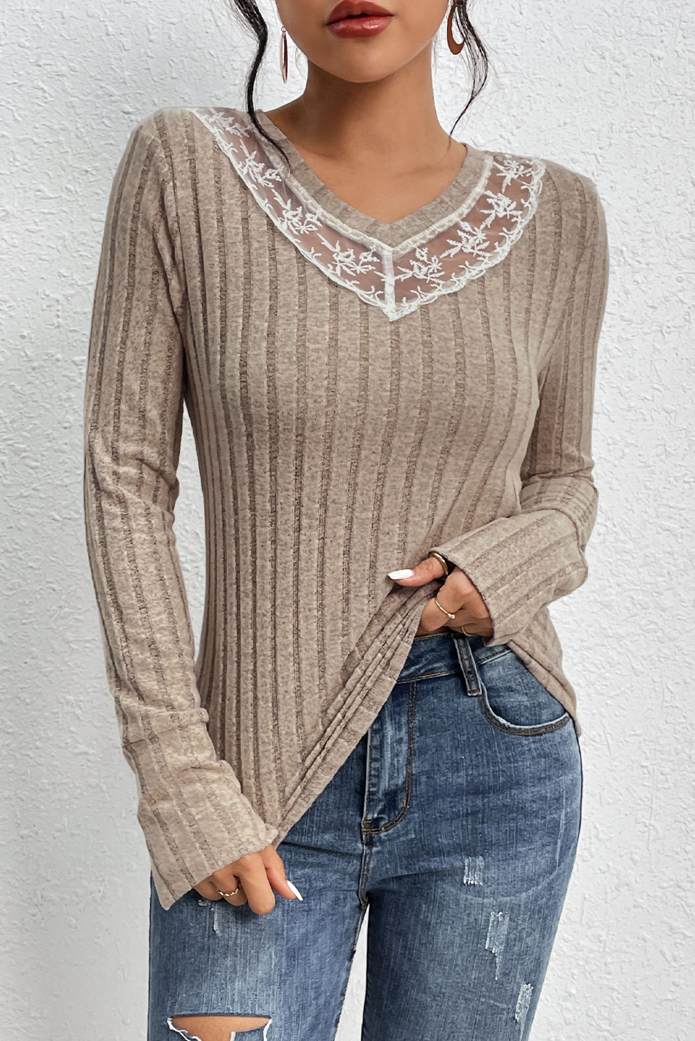 Simply Taupe Lace Patchwork V-neck Long Sleeve Top