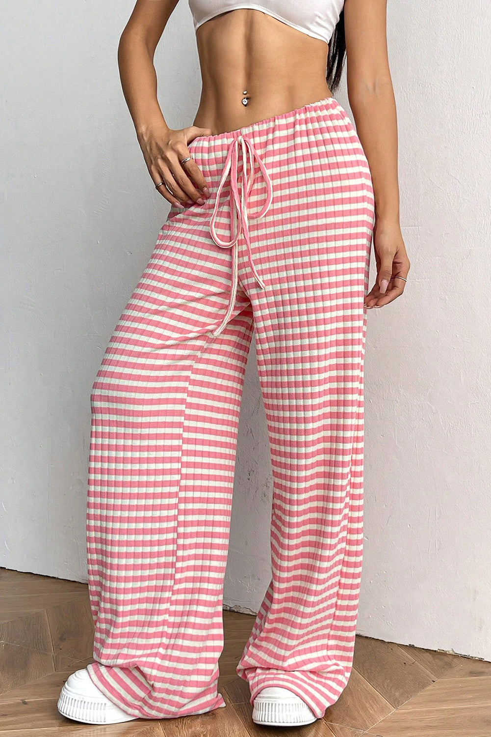 Pink Stripe Colorblock Print Cotton Drawstring Pants