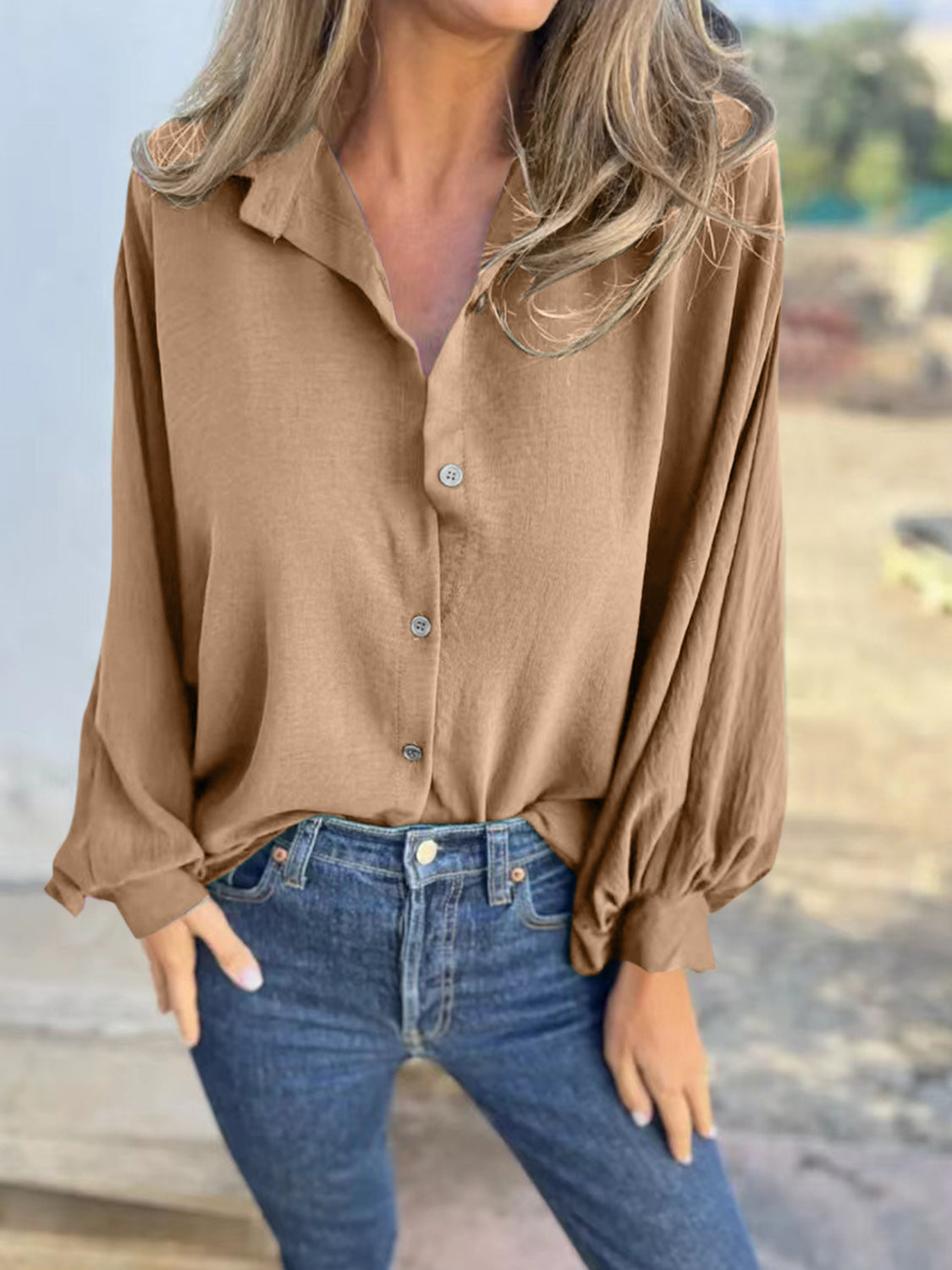 Full Size Collared Neck Long Sleeve Shirt