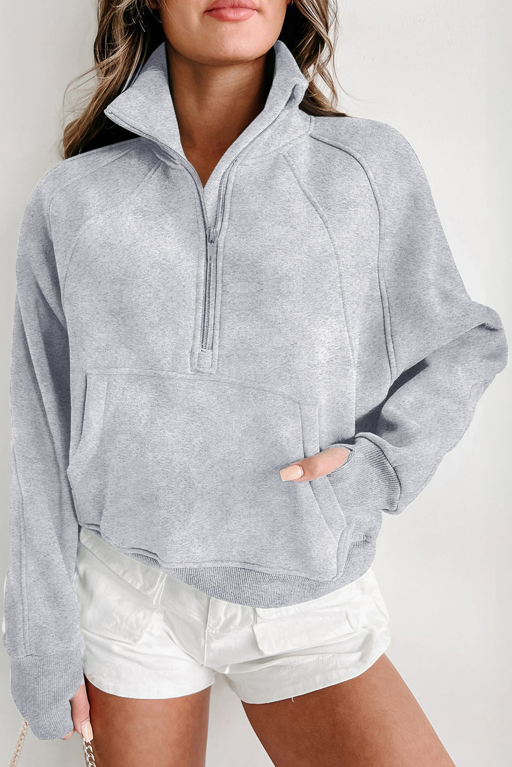 Parchment Quarter Zip Stand Neck Kangaroo Pocket Sweatshirt