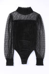 Black Sexy Sheer Dotty Puff Sleeve Ribbed Velvet Bodysuit