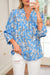 Sky Blue Vintage Floral Print V-Neck Bubble Sleeve Blouse