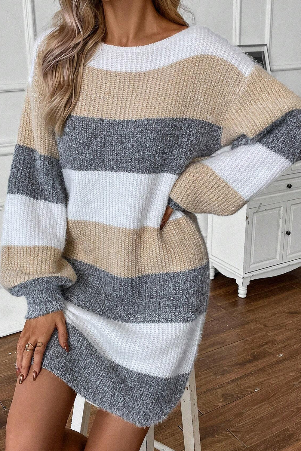 Gray Stripe Color Block Bubble Sleeve Drop Shoulder Sweater Dress