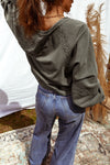 Jungle Green Lace Applique Notched Neck Mineral Wash Baggy Sweatshirt