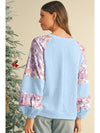 Beau Blue Crinkle Rib Floral Patchwork Balloon Sleeve Top