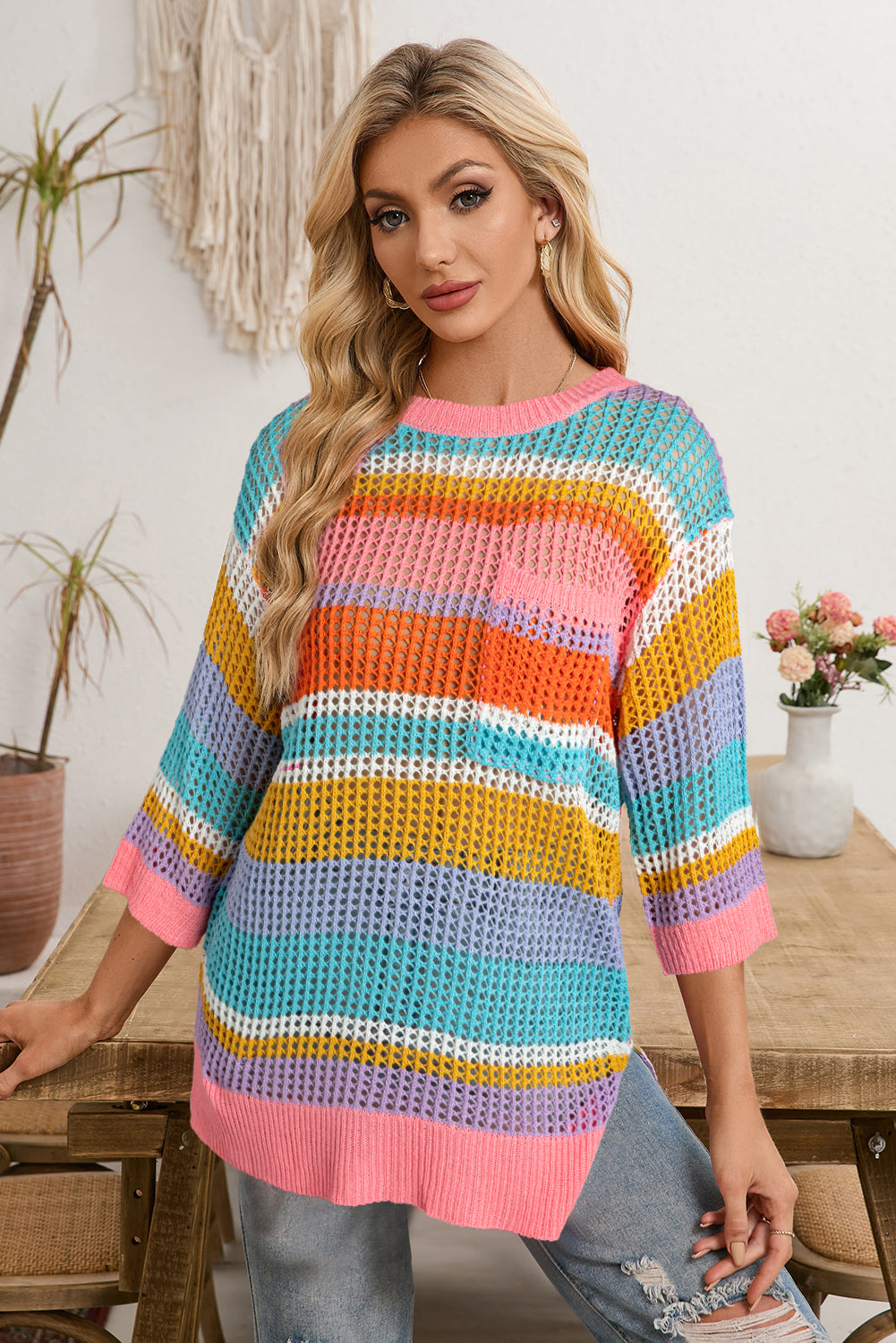 Pink Striped Color Block Hollow Crochet 3/4 Sleeve T Shirt