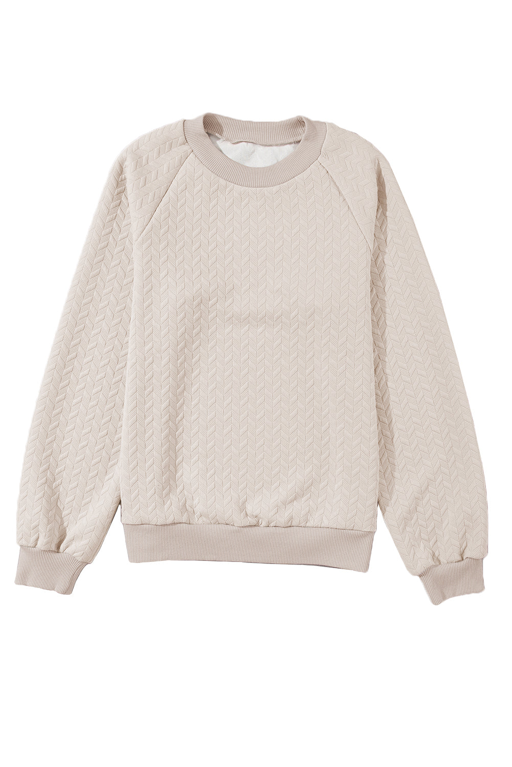 Beige Solid Color Textured Raglan Sleeve Pullover Sweatshirt