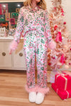 Loungewear Set Pink Plants Print Plush Edge Collar Button Up Top Pants Lounge Set.