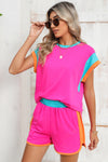 Blue Color Block Loose Fit Top and Elastic Waist Shorts Set