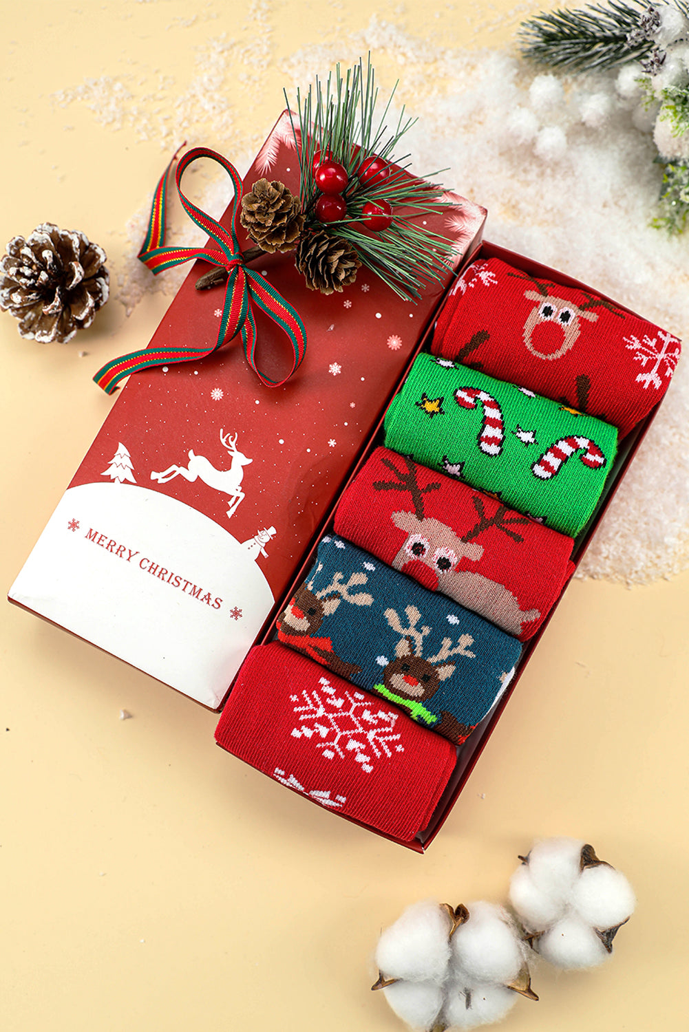 Fiery Red 5 Pairs Christmas Cartoon Elk Soft One Size Socks Set