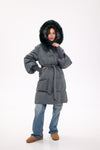 Genuine Silver Fox Fur Trim Down Coat in Forest Slate