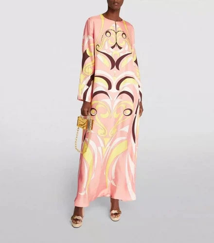 Jersey Silk Geometric Kaftan Maxi Dress