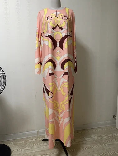 Jersey Silk Geometric Kaftan Maxi Dress