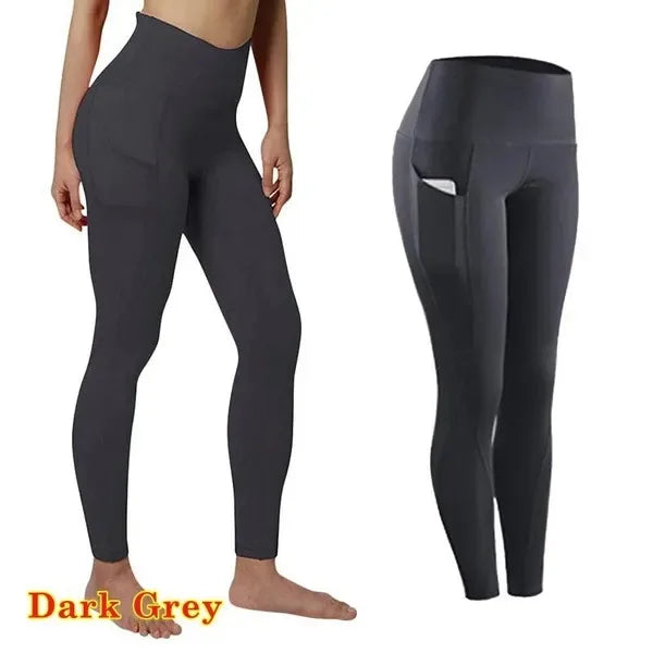 High Waist Elastic Workout Leggings Tummy Control Ruched Booty With Pocket