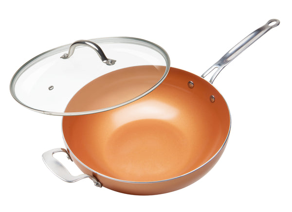 Ceramic Nonstick Copper Color Wok & Glass Lid, 12" (30cm)
