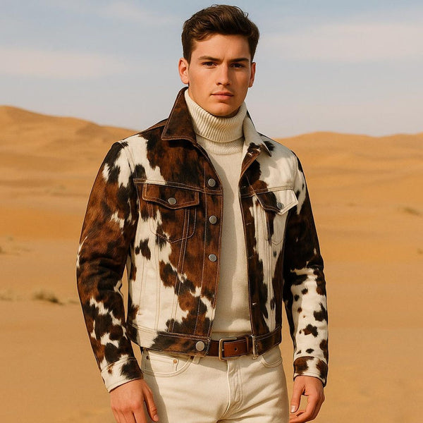 Men's Western Cowhide Jacket – Hair-On Pony Hide with Bold Cow Print