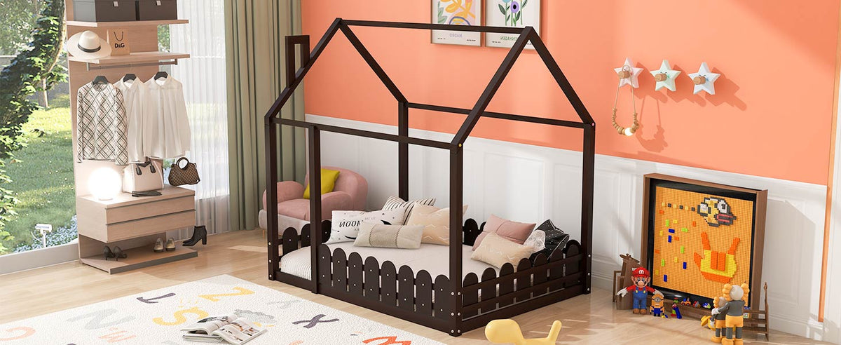 Cocoa Yacht Club Full Size Wood Bed House Bed Frame with Fence (Espresso )