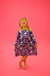 Pretty Blue Dino Long Sleeve Milk Silk Dress