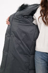 Genuine Silver Fox Fur Trim Down Coat in Forest Slate