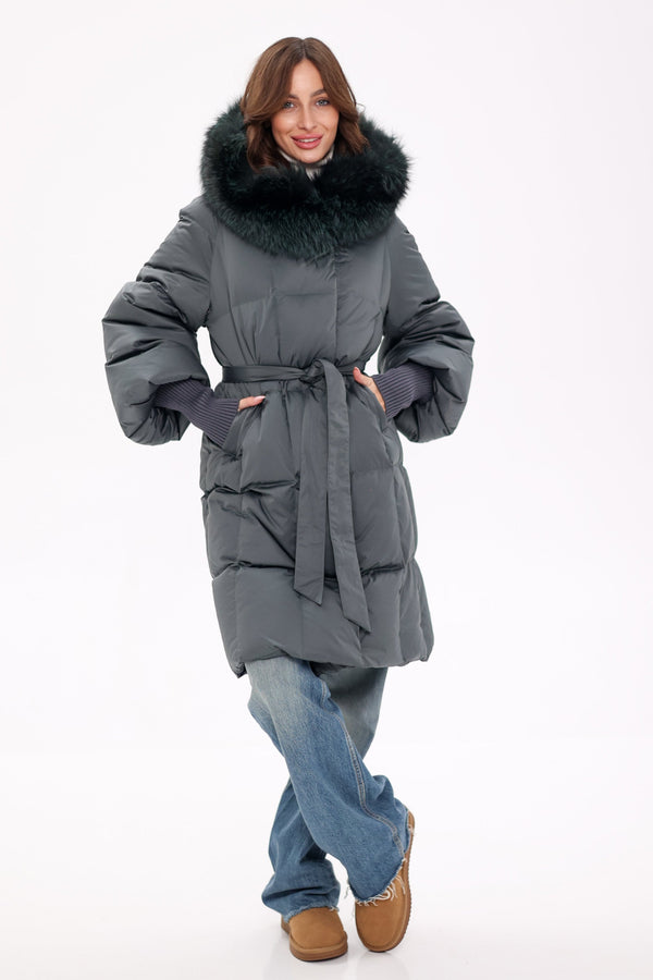 Genuine Silver Fox Fur Trim Down Coat in Forest Slate