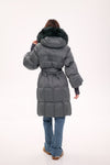 Genuine Silver Fox Fur Trim Down Coat in Forest Slate
