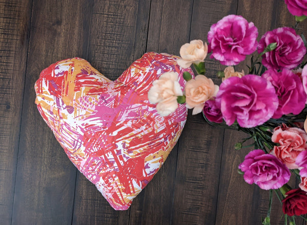 Hand-Made Sewn Marble Painted Heart Shaped Reversible Colorful Throw Pillow - 16” x 14”
