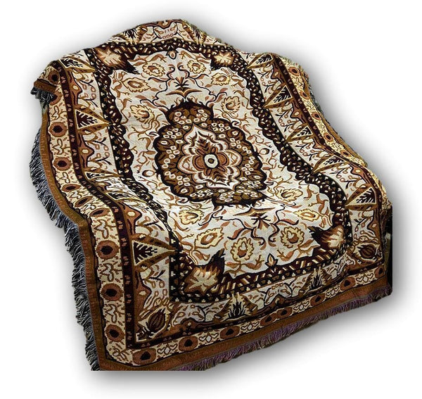 Elegant Tapestry Throw Blanket, Golden Persian Style Rug Ornate Floral - 50” x 60” (7175)