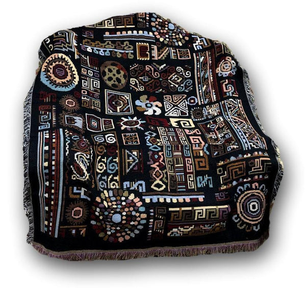 Elegant Tapestry Throw Blanket, Ethnic Ornaments Geometric Black - 50” x 60” (7174)