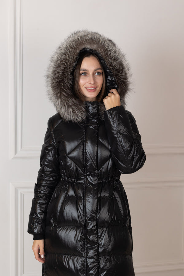 Genuine Silver Fox Fur Trim Down Fill Coat