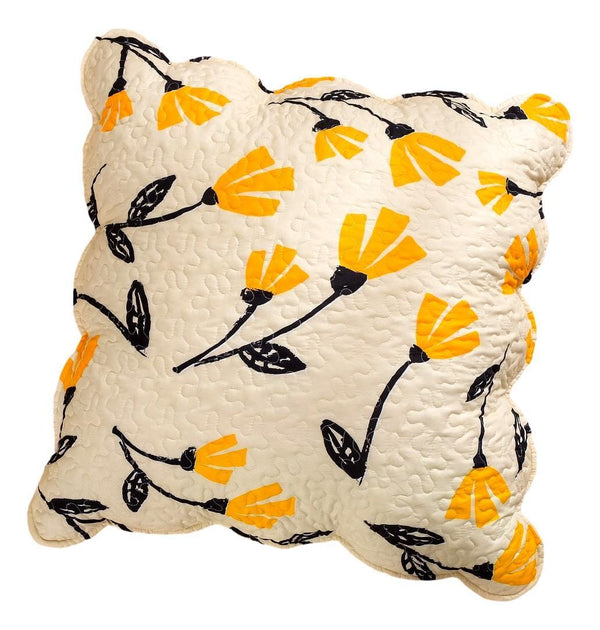 Yellow Fleur Floral Golden Orange Ivory Cream Scalloped Euro Pillow Sham Cover, 26" x 26" (18112)