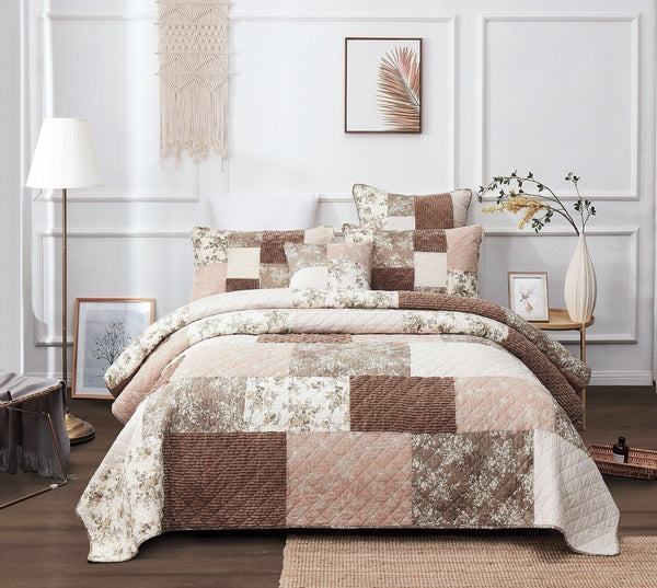 Dusty Rose Taupe Beige Brown Floral Cottage Patchwork Quilted Bedspread Set (JHW-866)