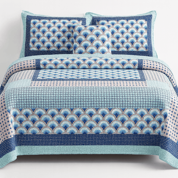 Mediterranean Blue Mint Green Patchwork Quilted Bedspread Set (JHW-884)