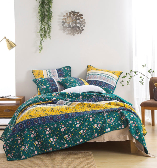 Bohemian Patchwork Bed of Wild Flowers Floral Gardenia Green Bedspread Set (JHW-886)