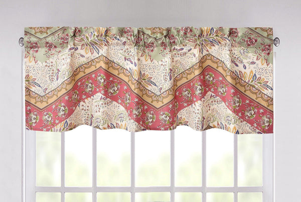Rustic Cranberry Sage Chevron Floral Window Curtain Valance - 18" x 52" (JHW-924)