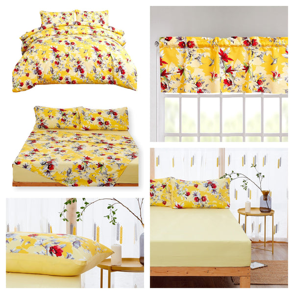 Sunshine Yellow Hummingbirds Floral Duvet Cover & Fitted Flat Bed Sheets Set w/ Pillow Cases Window Valances (925)