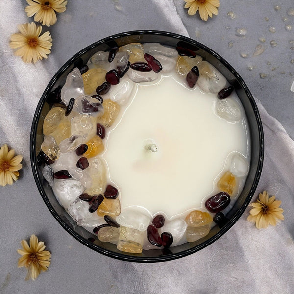 Sunshower Mist Crystal Candle with Garnet, Quartz Crystal, and Citrine | Coconut-Soy Wax Candle, 9oz
