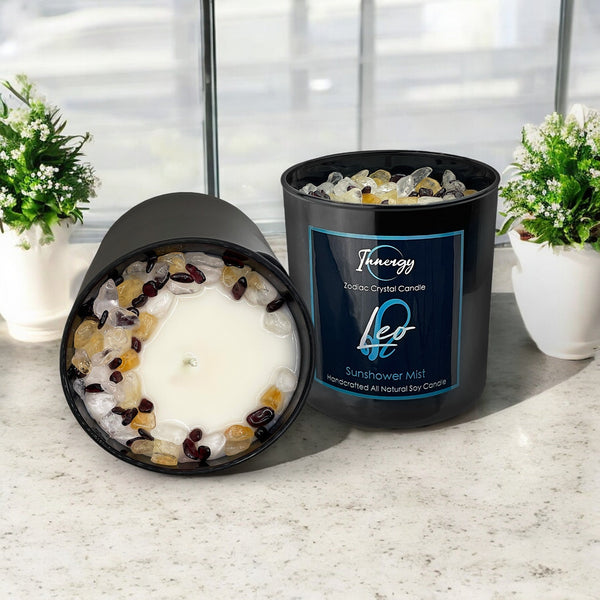 Leo Zodiac Crystal Candle with Garnet, Quartz Crystal, and Citrine | Coconut-Soy Wax Candle, 9oz