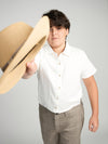 Tan Buttons Short Sleeve Dress Shirt with Paisley Contrast